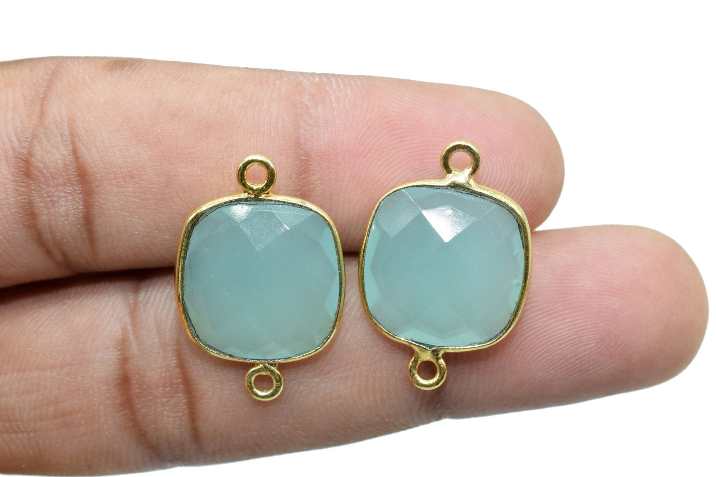 Aqua Chalcedony 14mm Cushion double loop connectors,Aqua Chalcedony Bezel Findings Cushion Charms,Cushion Shape Gold Plated Connectors,