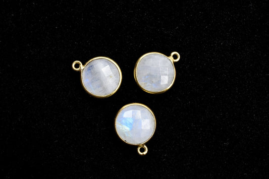 Moonstone 12mm Round charm,Moonstone Pendant,Round Gold Plated bezel,Moonstone Single Bail connectors,Moonstone Brass connectors,Moonstone