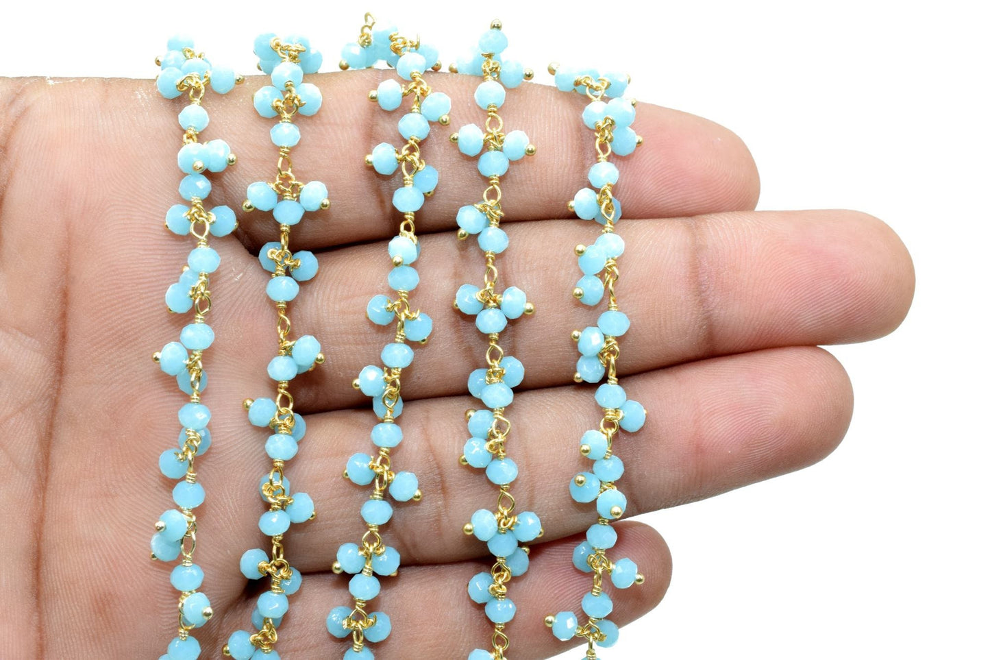 Aqua Chalcedony Cluster Rosary Chain,dangling Chain,Thick Chain, Gold Wire Wrapped Chalcedony Quartz Beaded chain,Flower Chain,Chain by foot