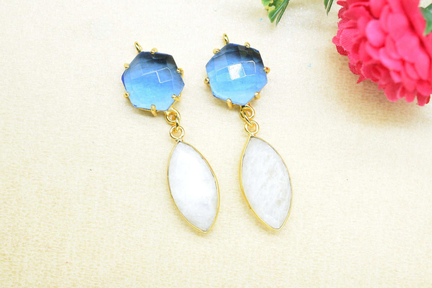 Blue Topaz Prong Bezel Charms Connector/Blue Topaz Prong Bezel Charms Connector/Station Bezel Link Pendant/Handmade Jewelry/Women Jewelry