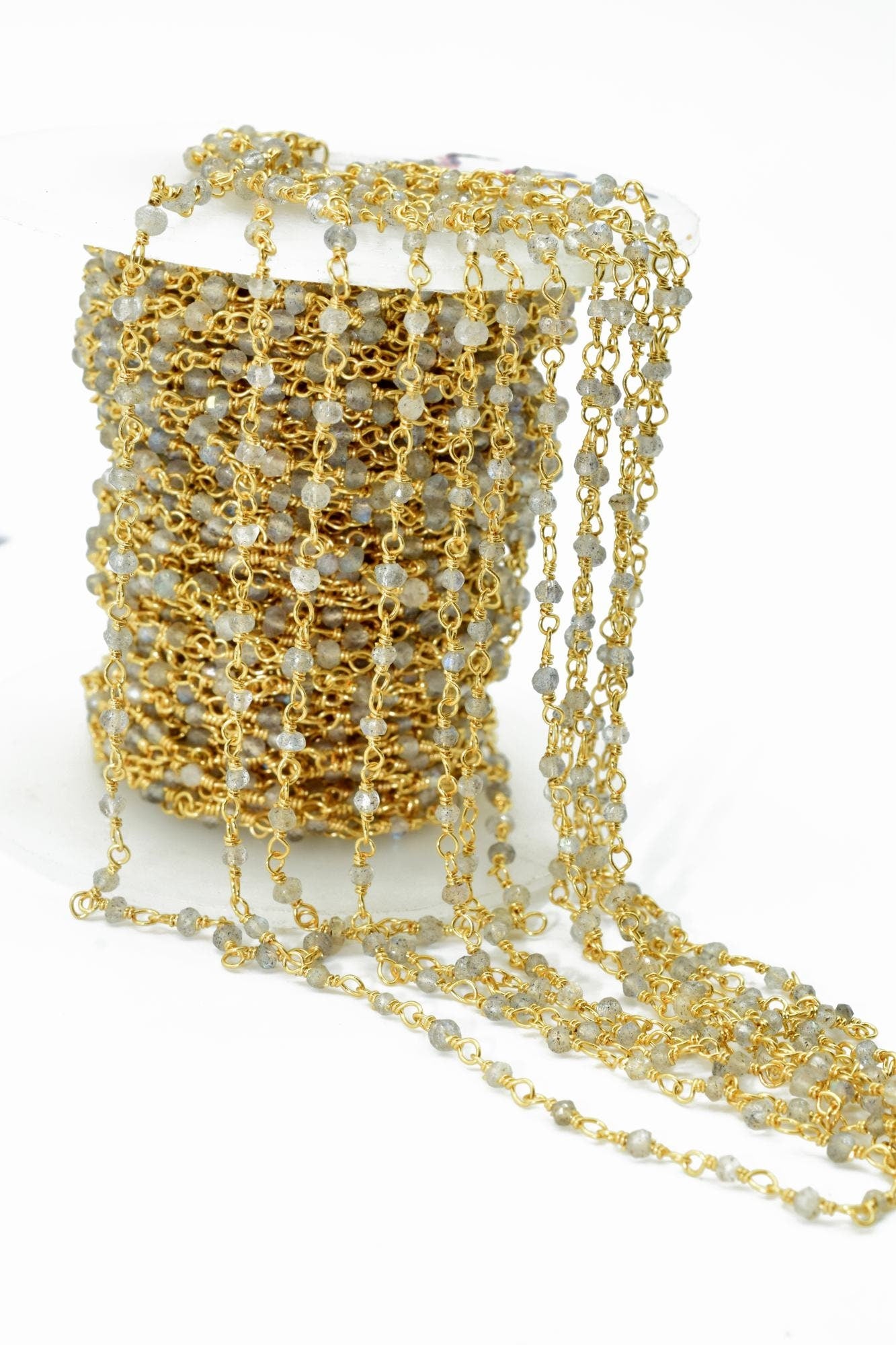 Labradorite 2mm Beaded Chain,Blue Fire Labradorite Rosary Chains,Gold Plating Wire Wrap Chain,Brass chain,Jewelry Making Chains,Rosary chain