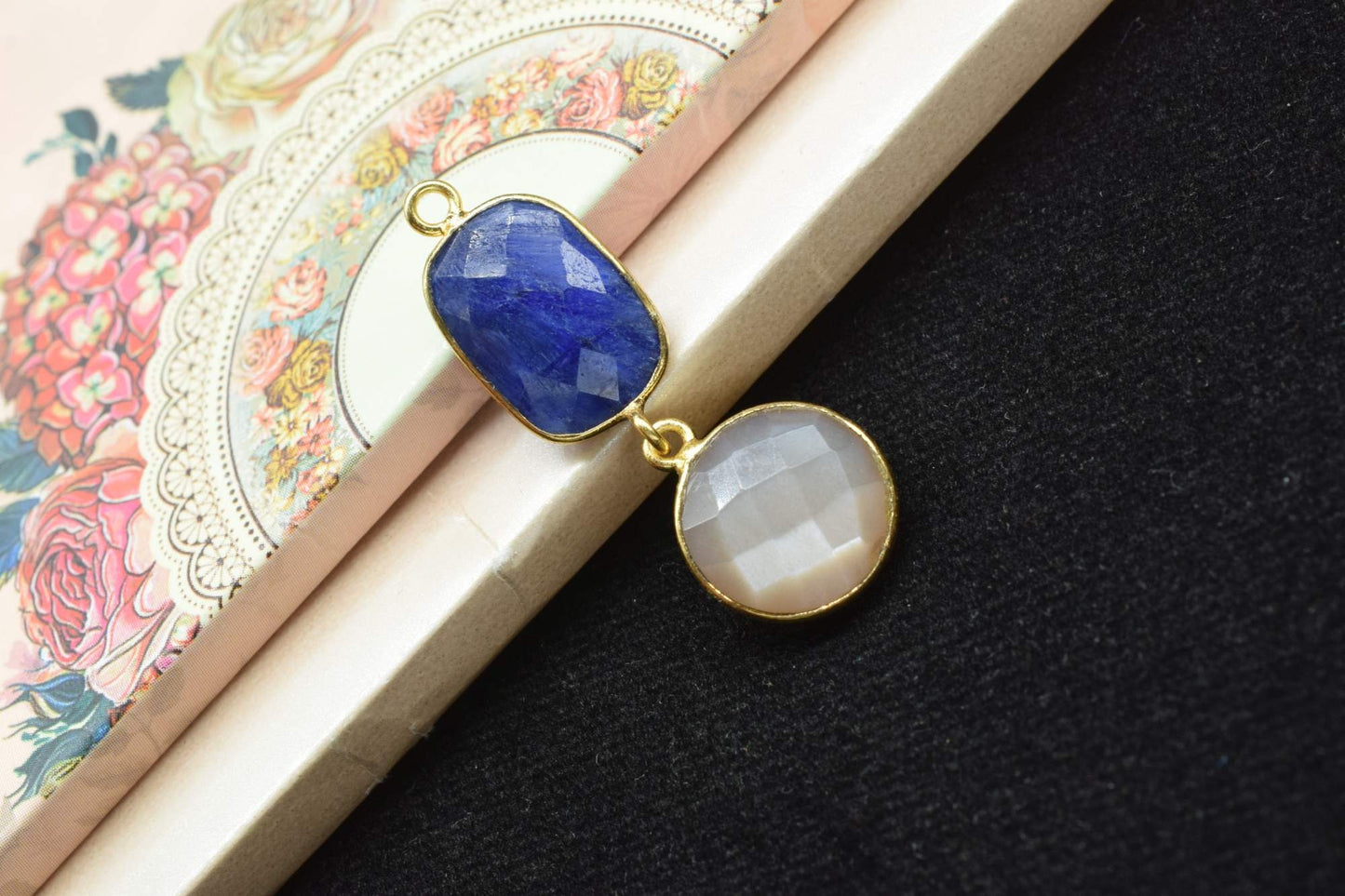Blue Sapphire & Peach Moonstone Connector,Handmade Pendant,Multi Stone Pendant Charms Necklace,Station Bezel Link,Gemstone Earring Connector