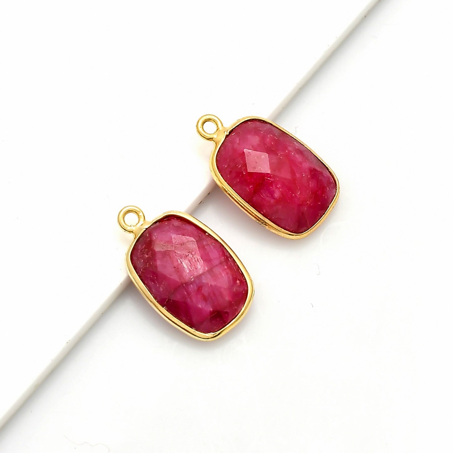 Genuine Ruby 10x14mm Bezel Charm Pendant,Rectangle Shape Gold Plated bezel,Gold Vermeil Bezel,Ruby jewelry making charm,Gold-Filled bezel