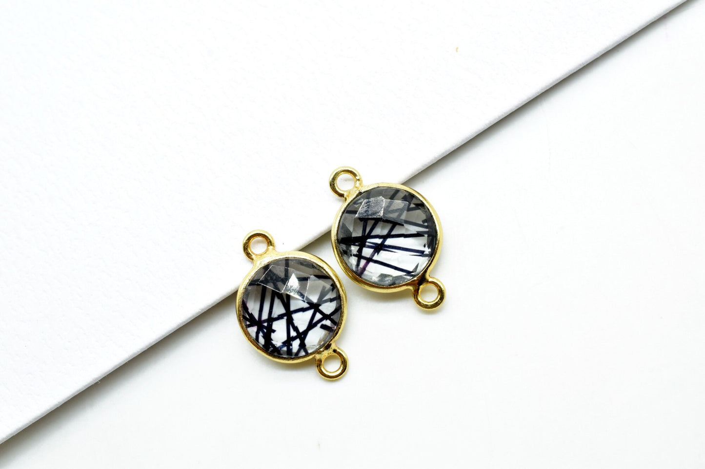 Black Rutile 10mm Round Double loop connectors,Brass Gold Plated bezel,Black Rutile Pendant,Black Rutile double bail Round connectors,Rutile