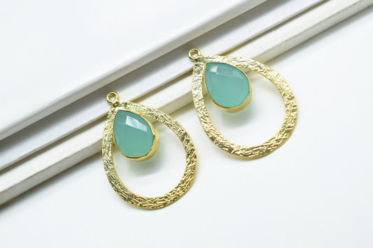 Aqua Chalcedony Gemstone Pendant/Pear Shape Pendant/Bezel Pendant/Jewelry making Stone/Gold Plated Jewelry/Connector Jewelry/Handmade/Gift
