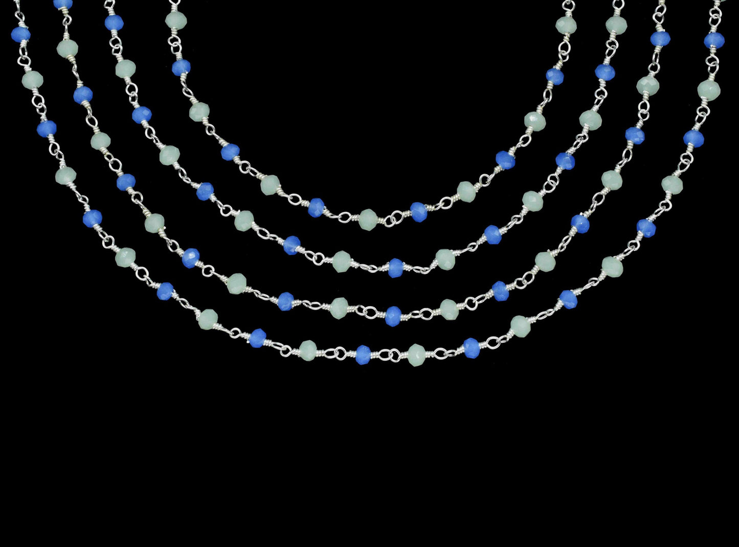 Peru Chalcedony 3mm Beaded Chain,Multi Stone Beaded Rosary Chain,Wire Wrapped Rosary Chain,Blue Quartz stone links,Handmade Jewelry Making