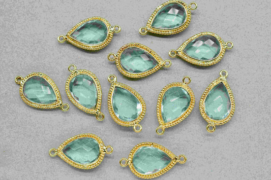 Sky Topaz 9x13mm Pear Shape Double Bail Connectors,Sky Topaz Pear Shape Charms,Sky Topaz Gold Plated Bezels,Jewelry Making Charms,Sky Topaz