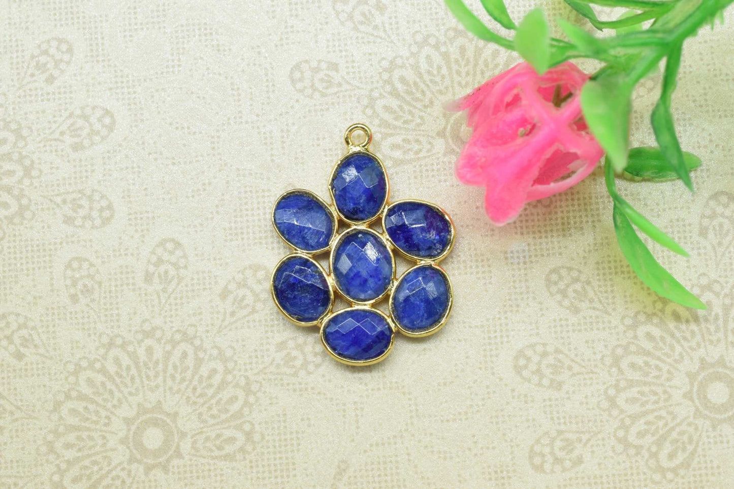 Blue Sapphire Flower Pendant,Gemstone single bail connectors,Sapphire jewelry making Craft,Handmade Jewelry,Chandelier Earring Connector