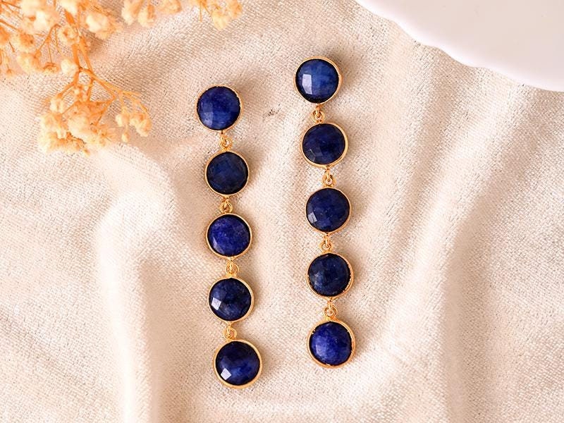 Natural Gemstone Blue Sapphire Earring/Round Shape Bezel Set Earring/Dangle Earring/Gold Plated Earring/Wedding Jewelry/Birdal Earring/Gift
