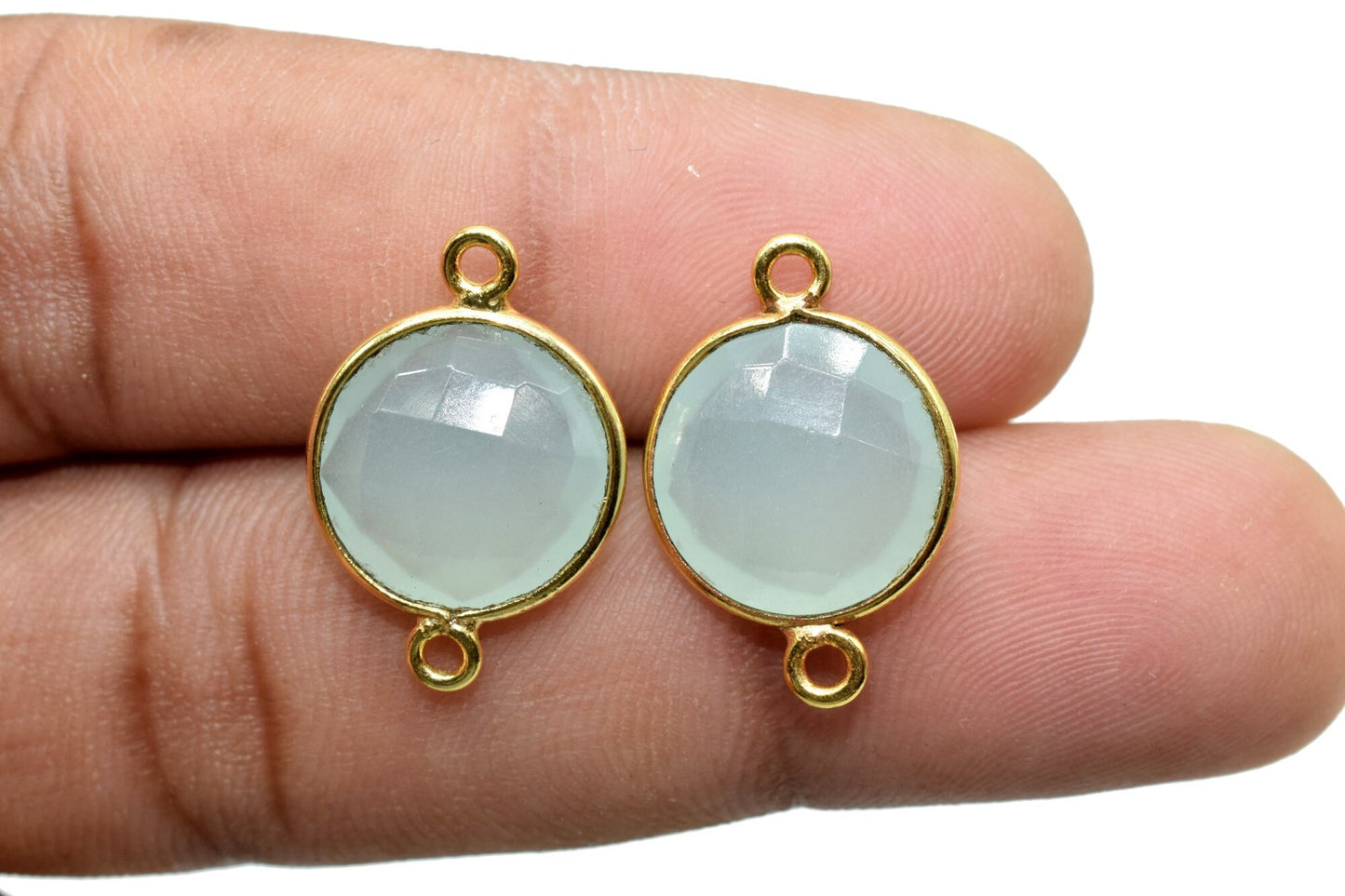 Aqua Chalcedony 12mm Round double bail connectors,Aqua Chalcedony Gold Plated Gemstone Bezel Connector,Aqua chalcedony Double Loop connector