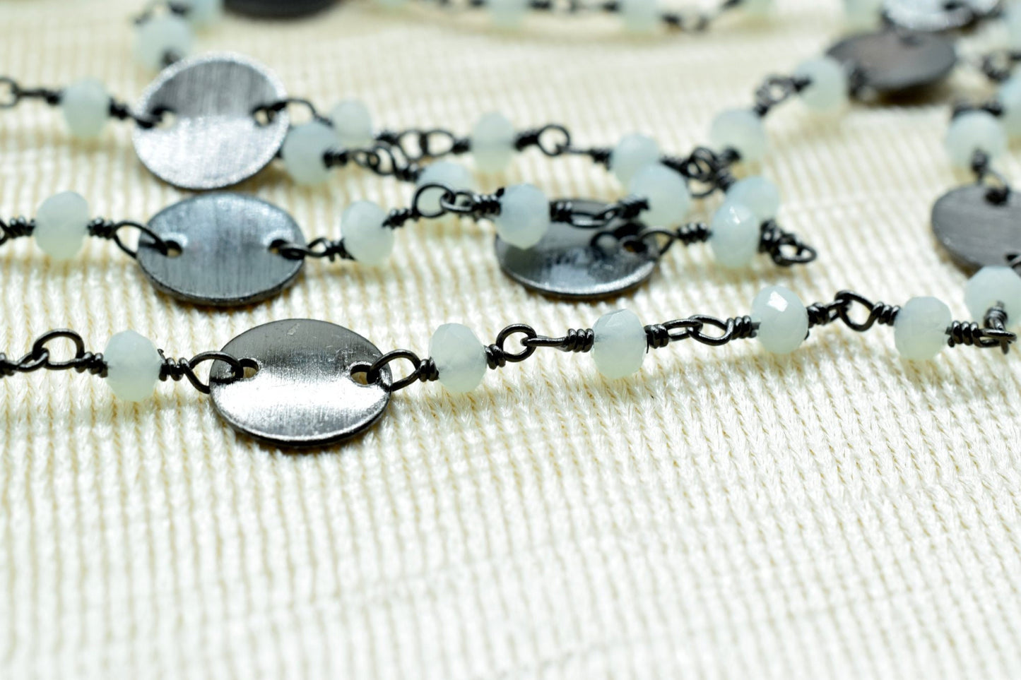 Aqua Chalcedony 3mm Beaded Chain,Aqua Chalcedony Rosary ,Wire Wrap Chain,Aqua Chalcedony Brass chain,jewelry making chains,gift,charms chain