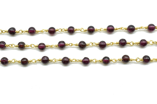 Garnet 4mm Round Beaded Chain,Premier Quality Non Tarnish Gold Wire,Garnet Wire Wrapped Rosary Chain,Brass Wire Wrapped Links,Garnet rosary