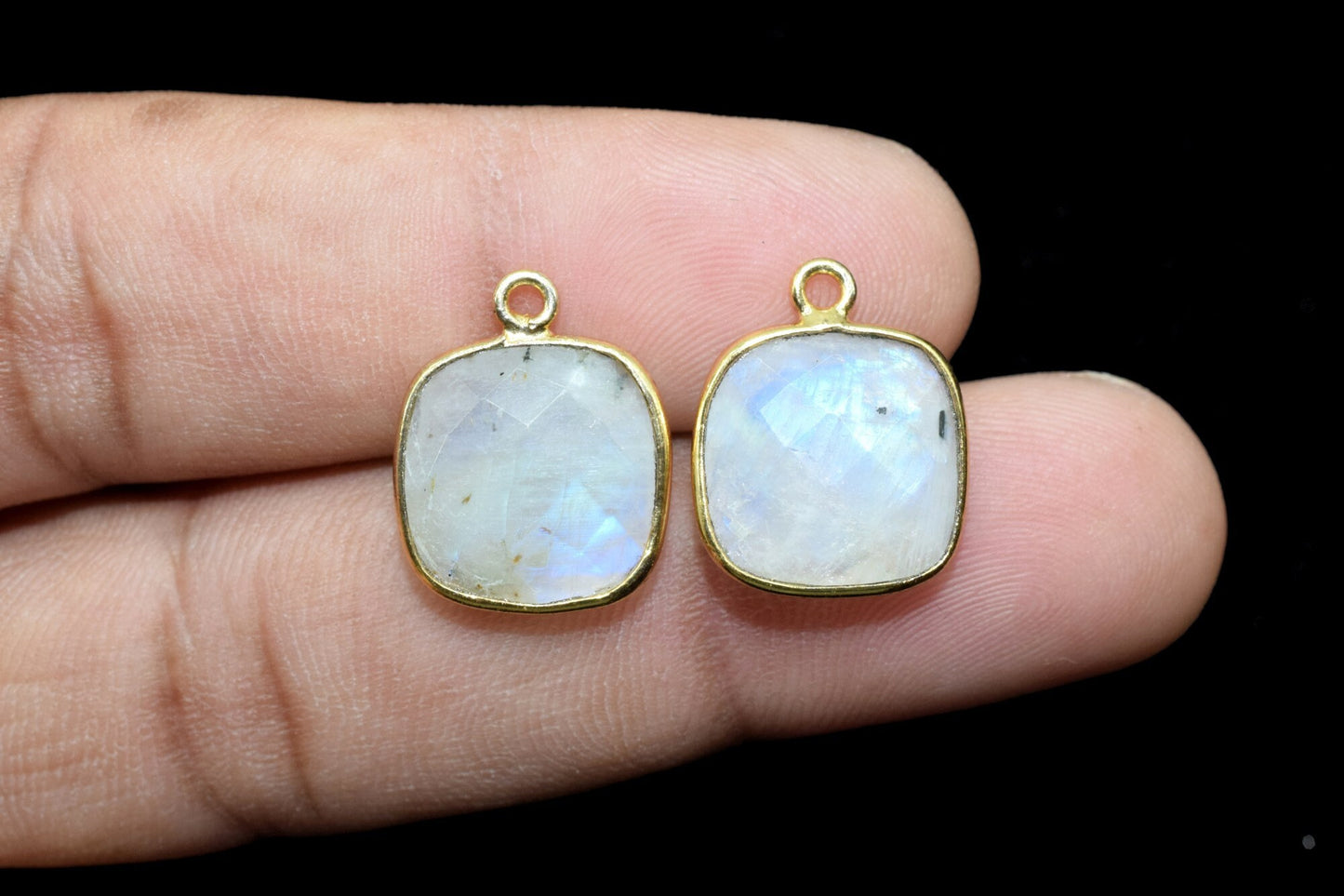 Moonstone 12mm cushion shape single loop connectors,Moonstone Pendants,White Rainbow bezel links,Gemstone Cushion Cone Charms,Minimal Stones