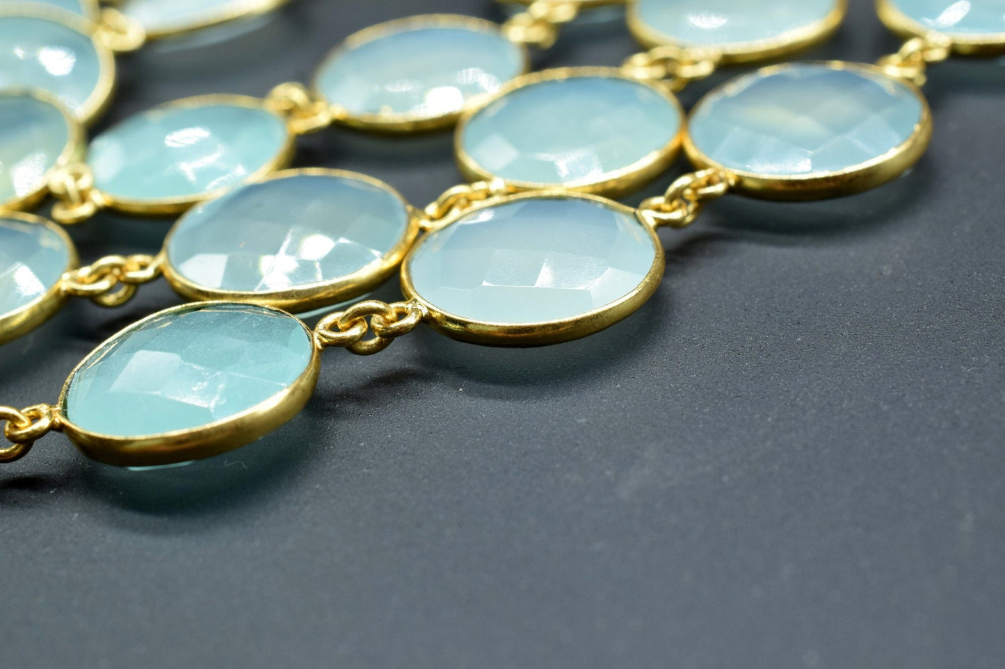 Aqua Chalcedony Round Connector Chain,Chalcedony Gold Bezel Connector Chain,Round Aqua Chalcedony Faceted Gemstone,Gold Plated Rosary Chain