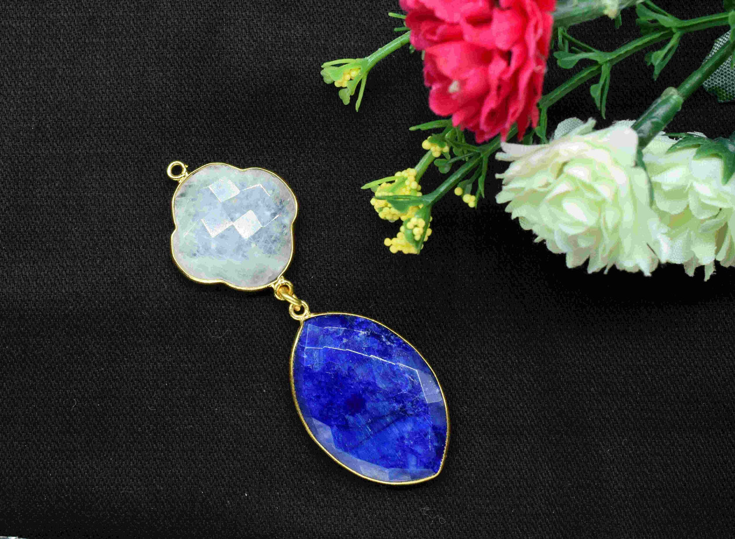 Moonstone + Blue Sapphire Component Pendants ,Multi Stone Dangle Earrings ,Earring Component Jewelry ,Dangle pendant Charms, B'day Gift