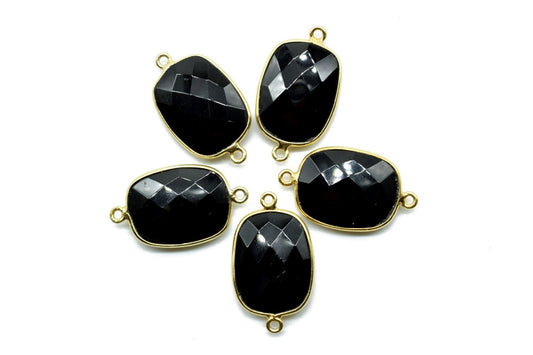 Black onyx 15x20mm cushion Double bail connectors,Black onyx Pendant,Black onyx Round Gold Plated bezel,jewelry making charm,onyx connector