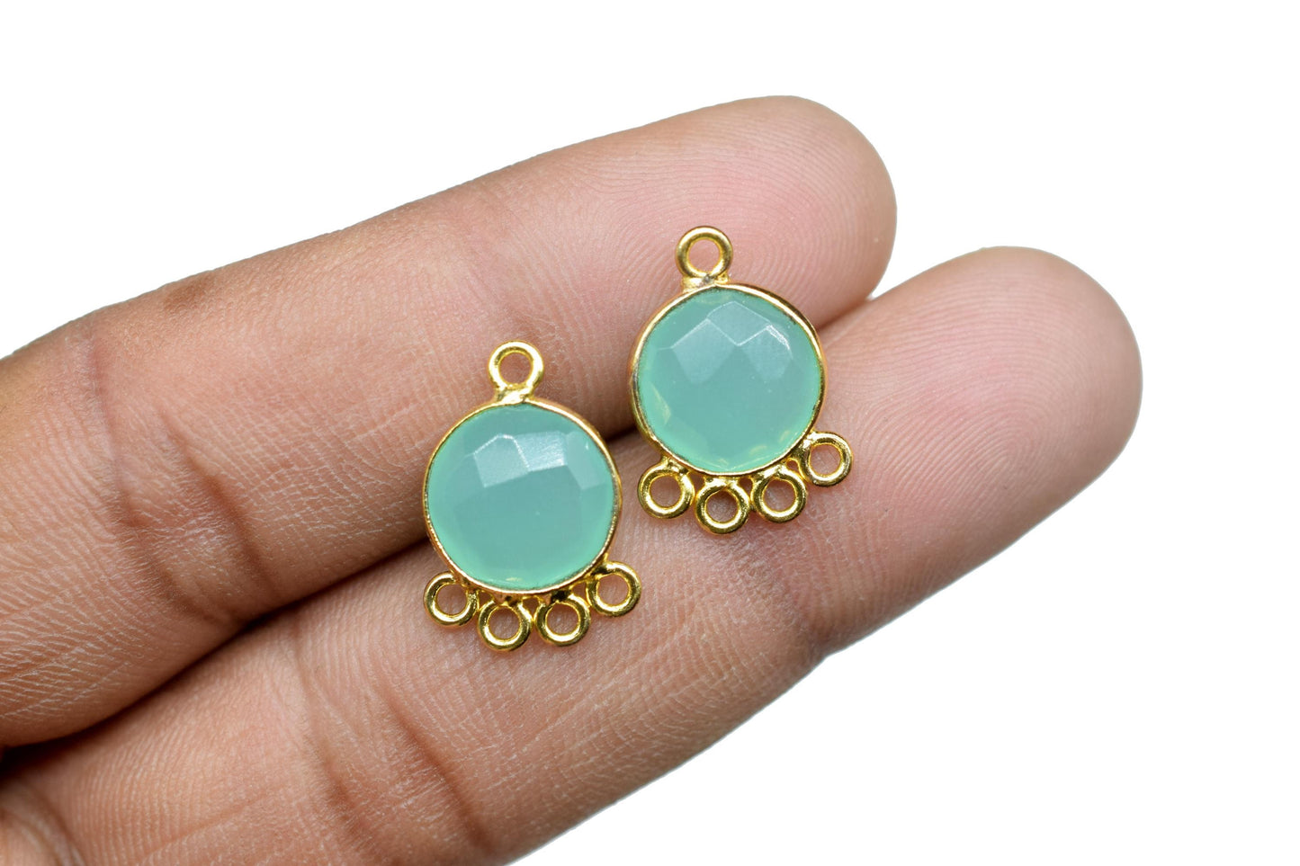 Aqua Chalcedony 10mm Round Bezel Charm/Gemstone Brass Component/Single Bail Pendant charms/Round Handmade Jewellery Connector/B'day Gift