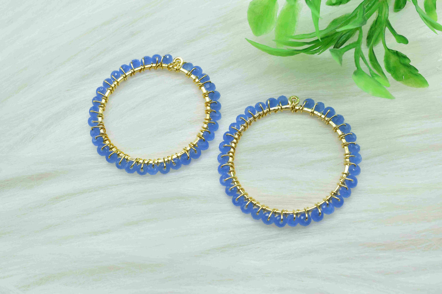 Blue Quartz Beaded Hoops Earring, Handmade Earring, Wire Wrapped Dangle Connector, Circle Pendant Component,Finding Component Quartz Jewelry