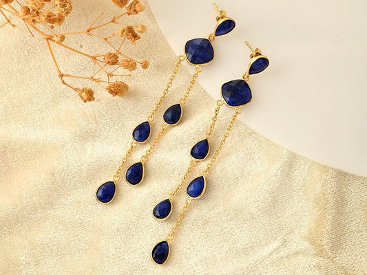 Natural Gemstone Blue Sapphire Earring/teardro Earring/Dangle Earring/Gold Plated Earring/Wedding Jewelry/Birdal Earring/Gift,blue gemstone