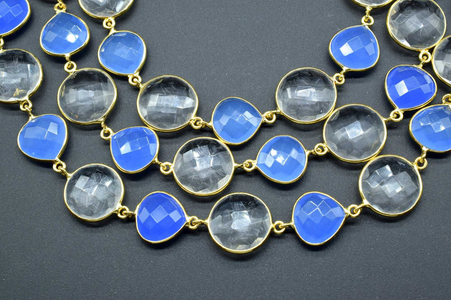 Blue chalcedony & Crystal Bezel Chain I Handmade Bezel Link Chain I Chalcedony Gold Plated Bezel Chain,,Gemstone Connector Chain Per Foot