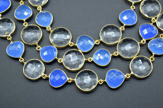 Blue chalcedony & Crystal Bezel Chain I Handmade Bezel Link Chain I Chalcedony Gold Plated Bezel Chain,,Gemstone Connector Chain Per Foot