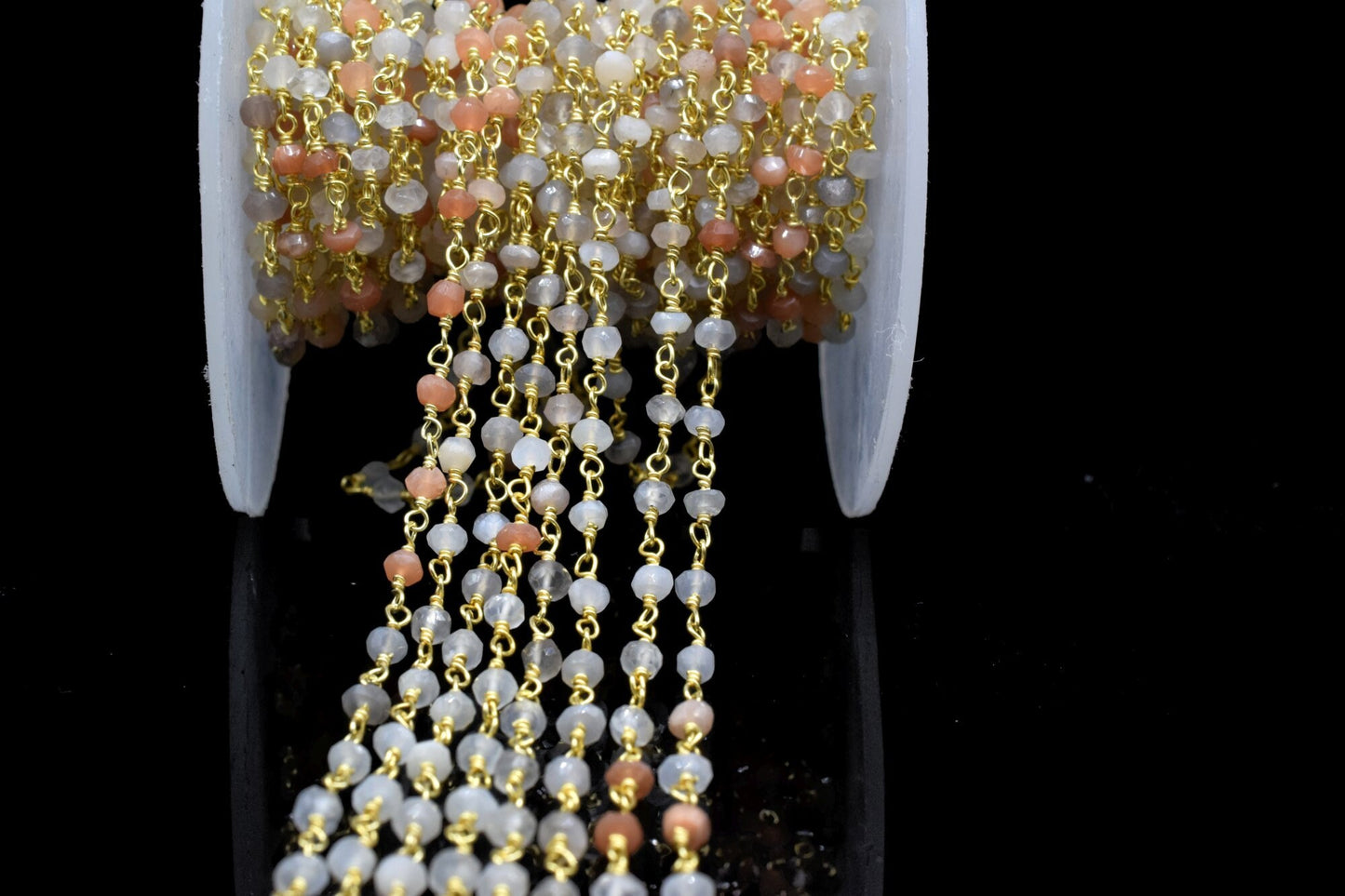 Multi Moonstone 3mm Beaded Chain,Multi Moonstone Wire Wrapped Chain,Moonstone Brass chain,Jewelry Making Chain,Moonstone Beads rosary chain