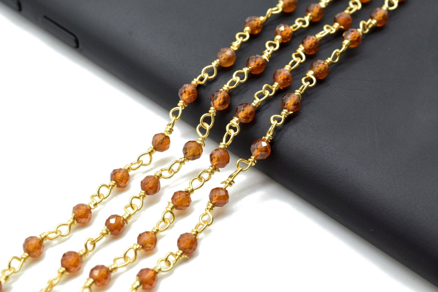 Hessonite Garnet 3mm Beaded Chain,Faceted Rondelle Hessonite Garnet Beaded Chain-Body Chain-Wire Wrapped Chain-Handmade Craft Supply,Rosary