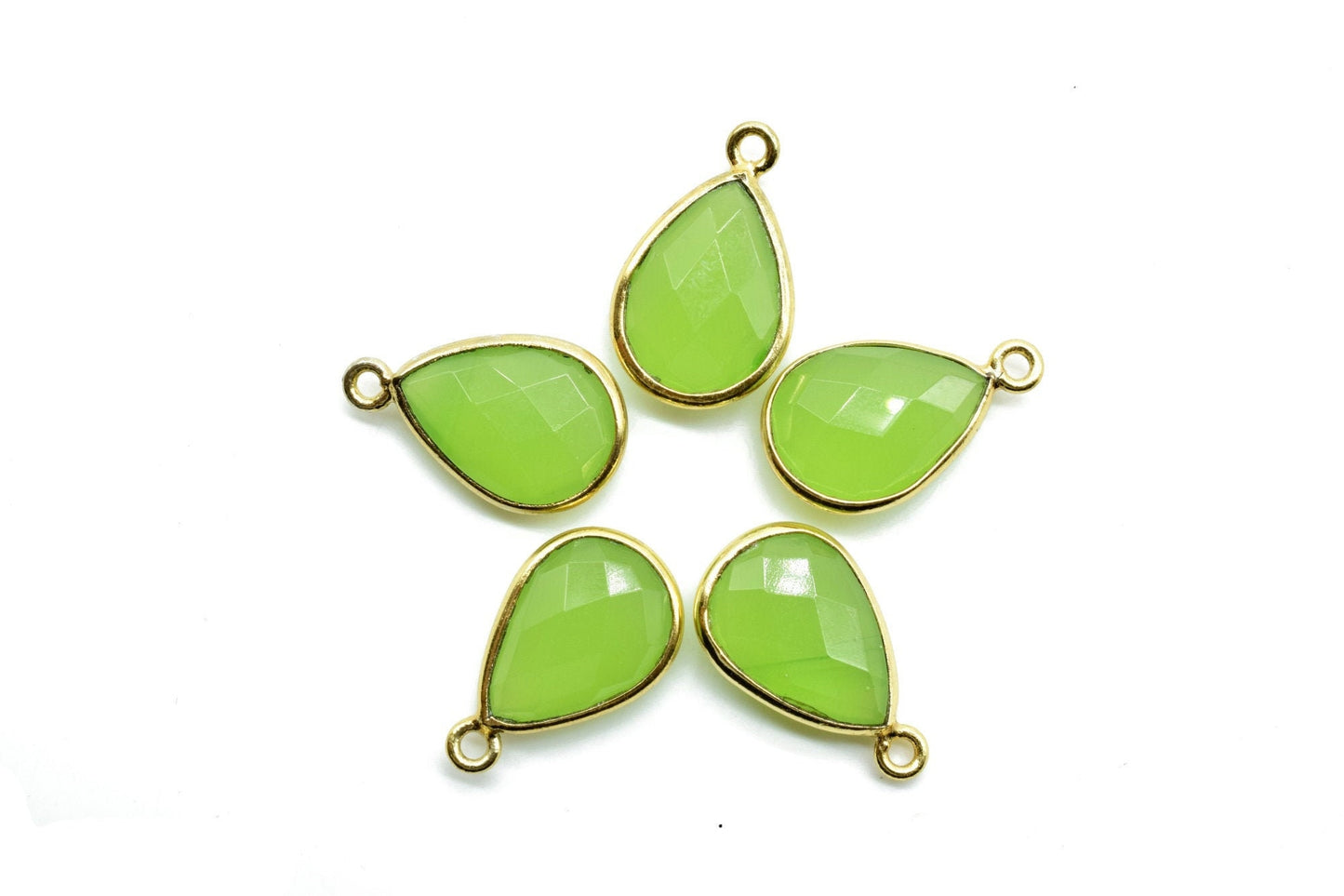 Prehnite 10x14mm Teardrop Bezel charm,Elegant Prehnite Gemstone Components Pear Shape Connectors,Single Bail Over Brass Gold Edge Jewelry
