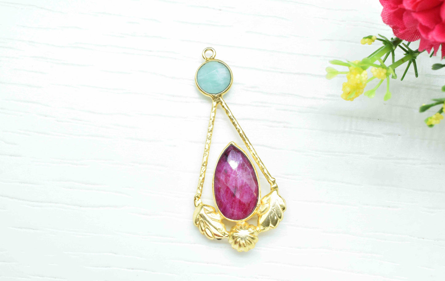 Amazonite Gemstone Pendant , Ruby  Handmade Pendant , Multi Gemstone Charms , Gold Plated Gemstone Connectors , Summer Collection
