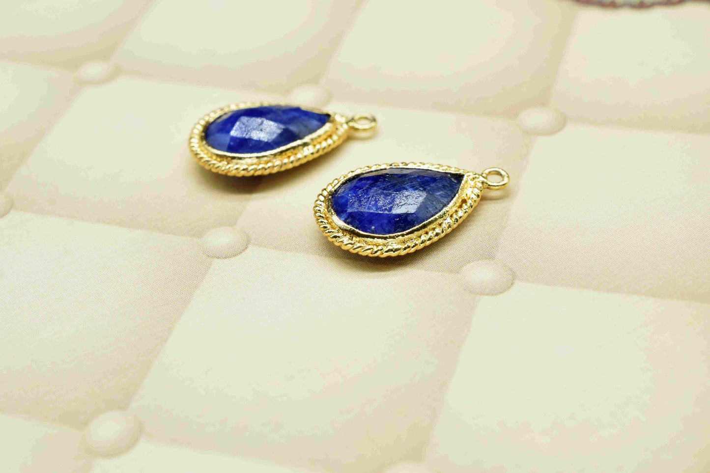 Blue Sapphire Pear Shape Charm,9x13mm Single Bail Connector,Bezel Charms,Sapphire Connectors,Sapphire Pear Shape Bezel Connector Gold Plated