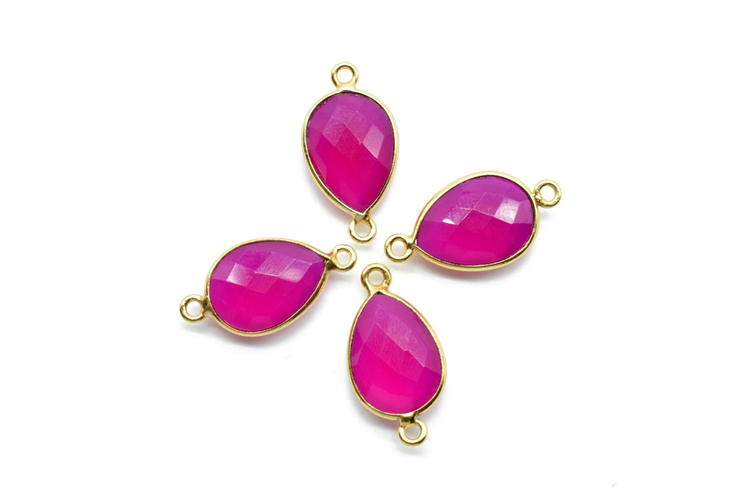 Pink chalcedony 10x14mm Pear shape double loop connectors,Checker Board cut Pink Chalcedony Pendant,Hot Pink charms,Fuchsia Pink Chalcedony