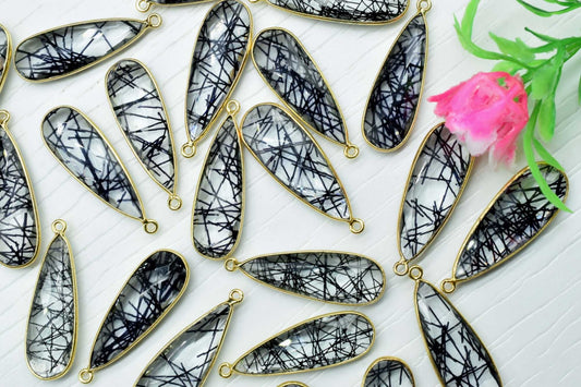 Black Rutile 10x30mm Charm, Black Rutile Pendant,Gemstone Pendant, Dainty Charms,Teardrop Pendant, Faceted Black Rutile, Gemstone Charm