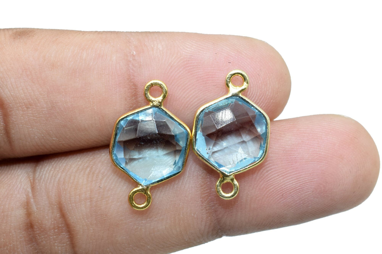 Sky Topaz 10mm Hexagon Shape Pendant,Gold Plated double Bail Gemstone Connector,Faceted Hexagon Shape Gemstone Bezel,Topaz Hexagon Charms