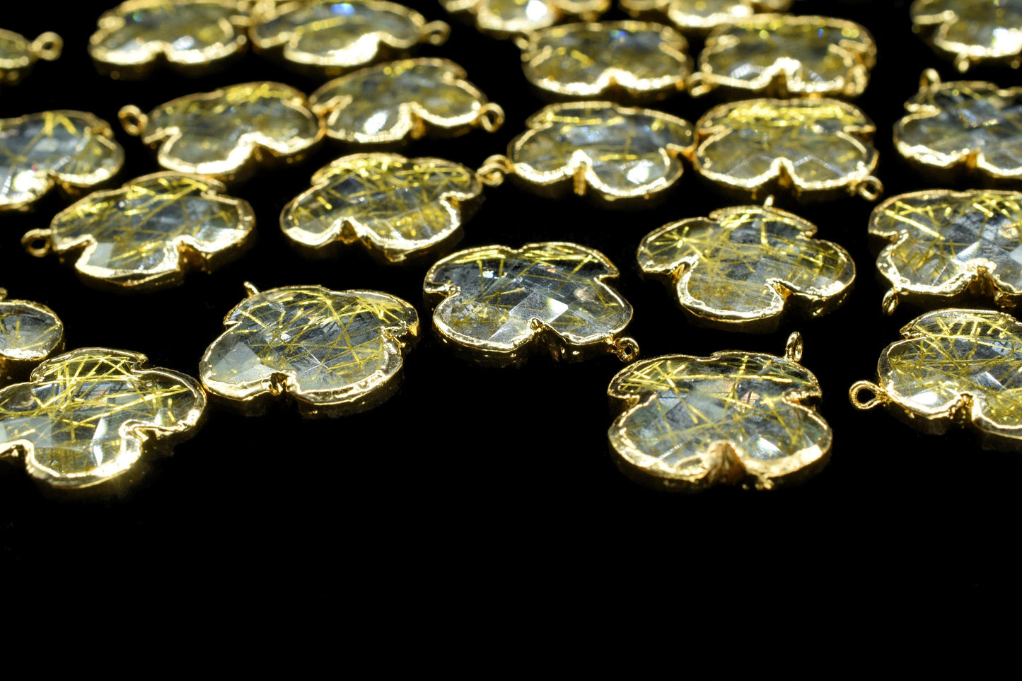 Gold Rutile Clover Shape Pendant Charms,Gold Rutile Electroplated Pendant jewelry,Gemstone Component Pendant,Handmade Earring Connector,Gift