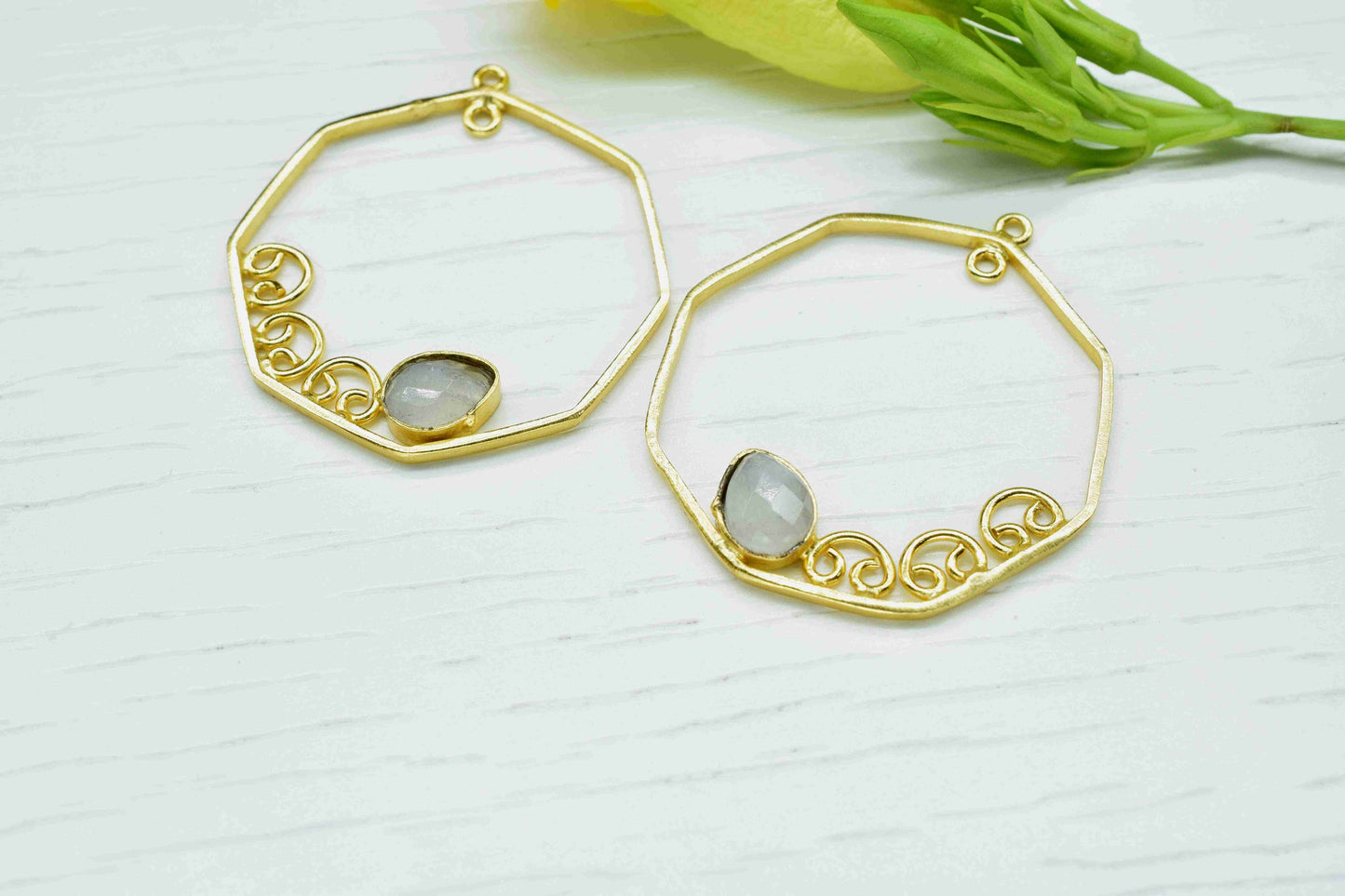 Moonstone 6x8mm Teardrop Shape Component,Gemstone Single Bail Connector,Finding 32mm Hexagon Shape Pendant,Gold Plated Earring,JewelryMaking