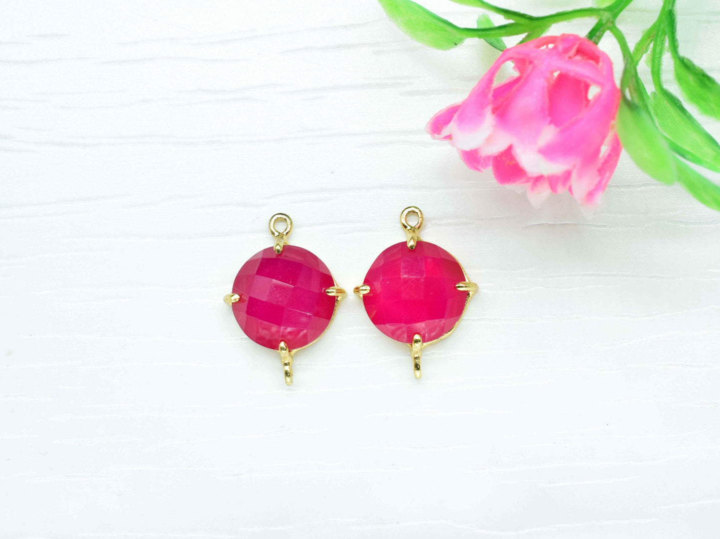 Pink chalcedony Round Connector,Charm for bracelet necklace Jewelry Making,Handmade Gemstone Bezel,Bead Prong Jewelry,double bail connector