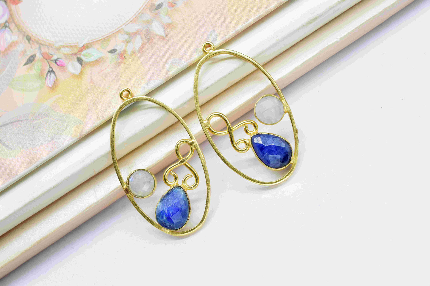 Multi Gemstone Finding Pendant,Moonstone Round Connector,Sapphire 7x10mm Teardrop Shape Component,Finding Necklace Component Jewelry,Gift