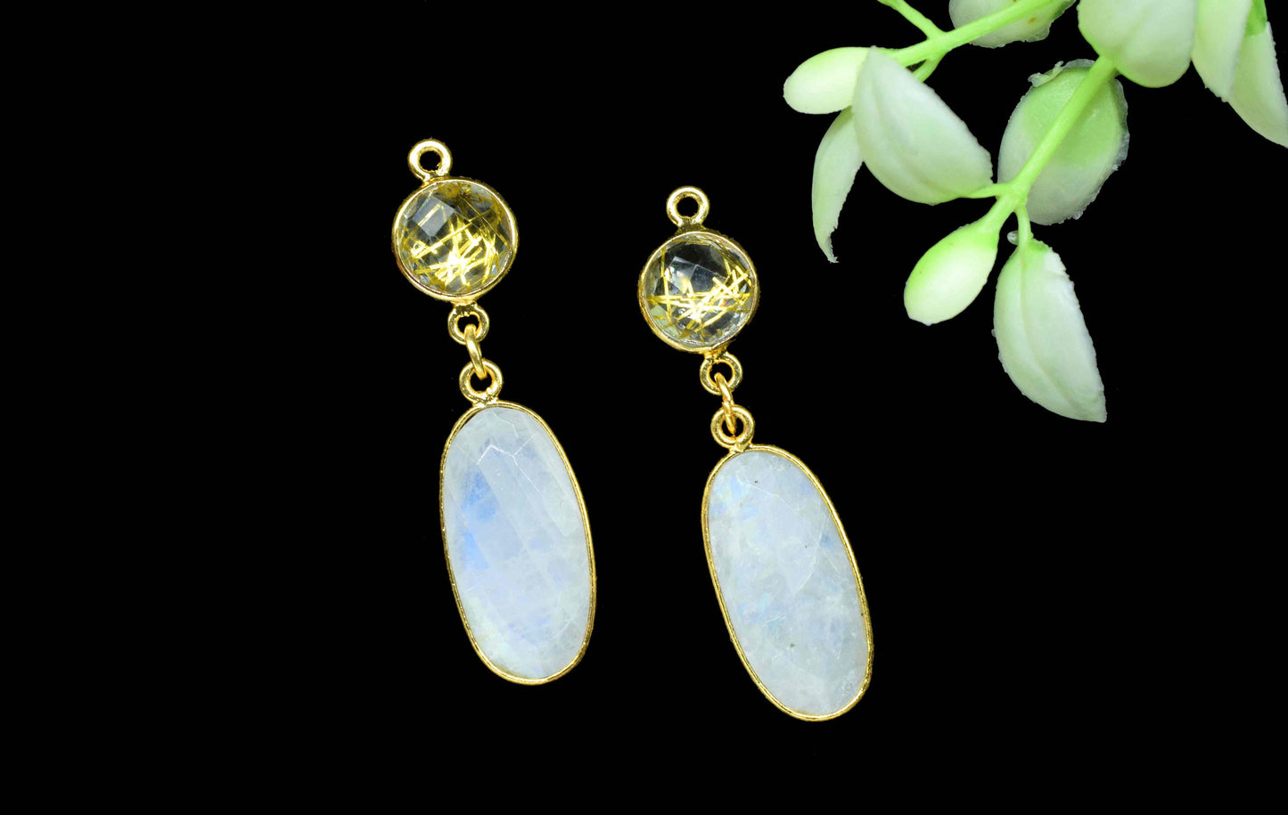 Rainbow Moonstone Dangle pendant Charm,Golden Rutile Connector,Handmade jewelry,Component pendant,Station Link,Multi Gemstone Dangle Earring