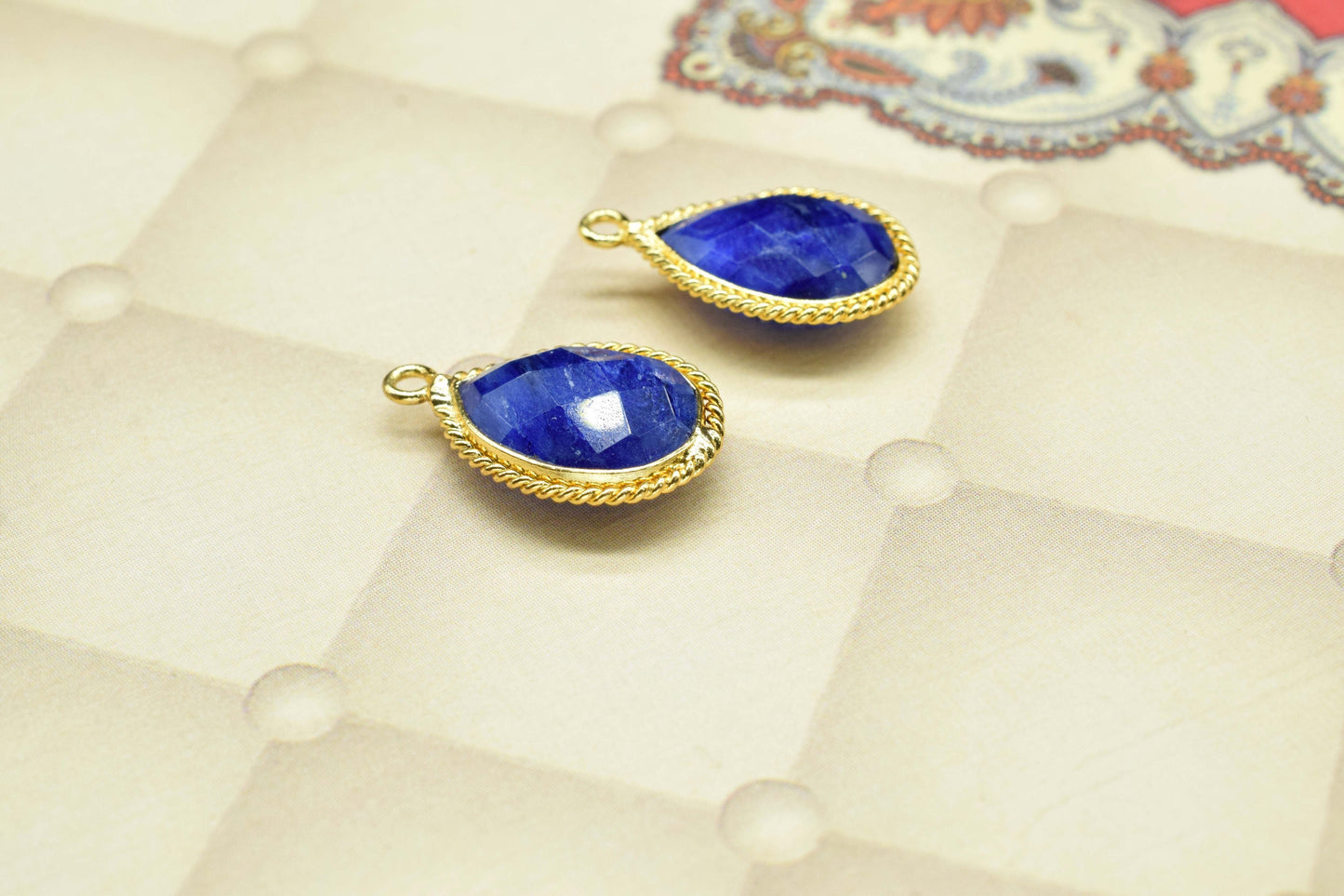 Blue Sapphire Faceted 10x14mm Pear Shape Charm,Blue Sapphire Connectors,Sapphire Single Bail Connector,Sapphire Gold Plated Charms Pendant