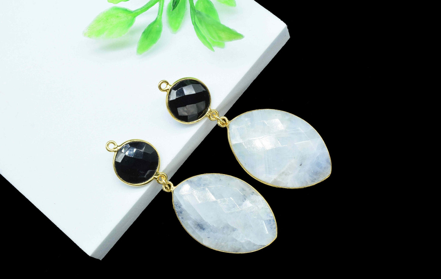 Moonstone Dangle pendants,Handmade jewelry,Black Onyx pendant Charms,Component pendant,Station Link,Multi Gemstone Connector,Bezel Jewelry