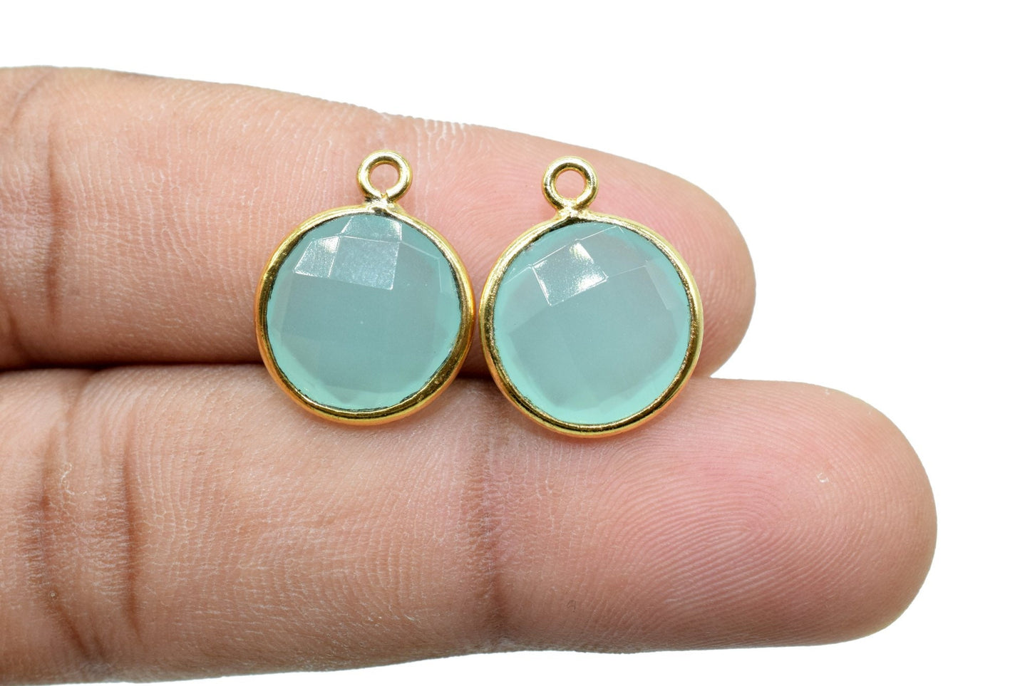 Aqua Chalcedony 12mm Round Charm,Aqua Chalcedony Gold Plated Gemstone Bezel Connector, Single Loop Gemstone Bezel, Making Pendant For Girls