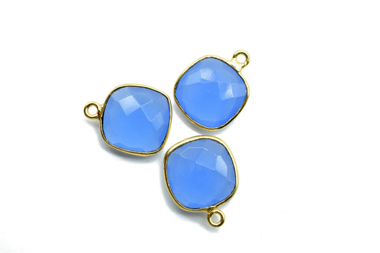 Blue Chalcedony 12mm Cushion Single bail connectors,Blue Chalcedony Gold Plated Gemstone Bezel Connector, chalcedony Single Loop connector
