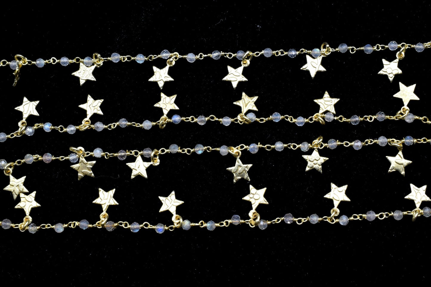 Labradorite 2mm Beaded & Star Charm Chain,Blue Fire Labradorite Rosary Chains,Gold Plating Wire Wrap Chain,Brass chain,Jewelry Making Chains
