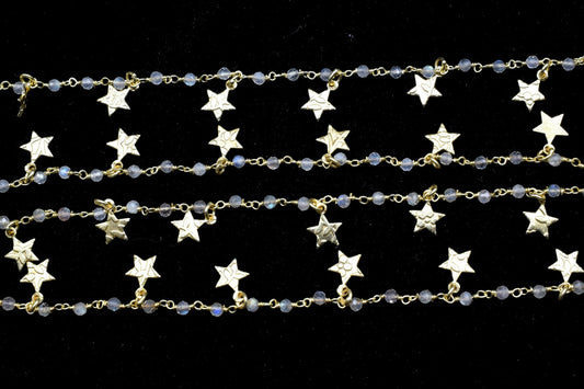 Labradorite 2mm Beaded & Star Charm Chain,Blue Fire Labradorite Rosary Chains,Gold Plating Wire Wrap Chain,Brass chain,Jewelry Making Chains