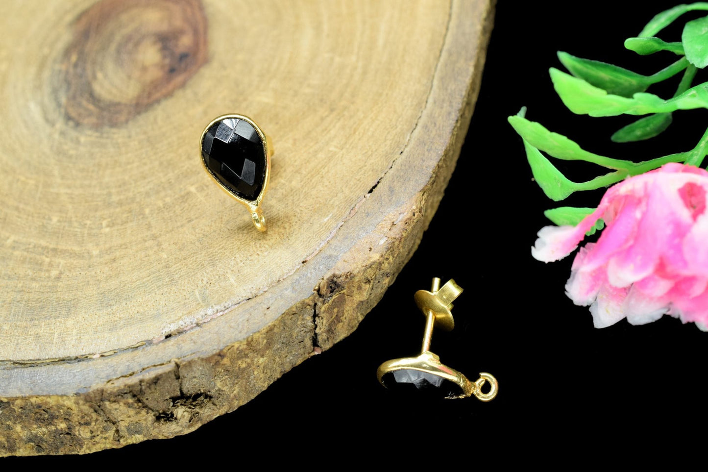 Black Onyx 7x10mm Teardrop shape Earring connector Stud post setting with loop open bail,Black Onyx Gold Plated Earring With Loop