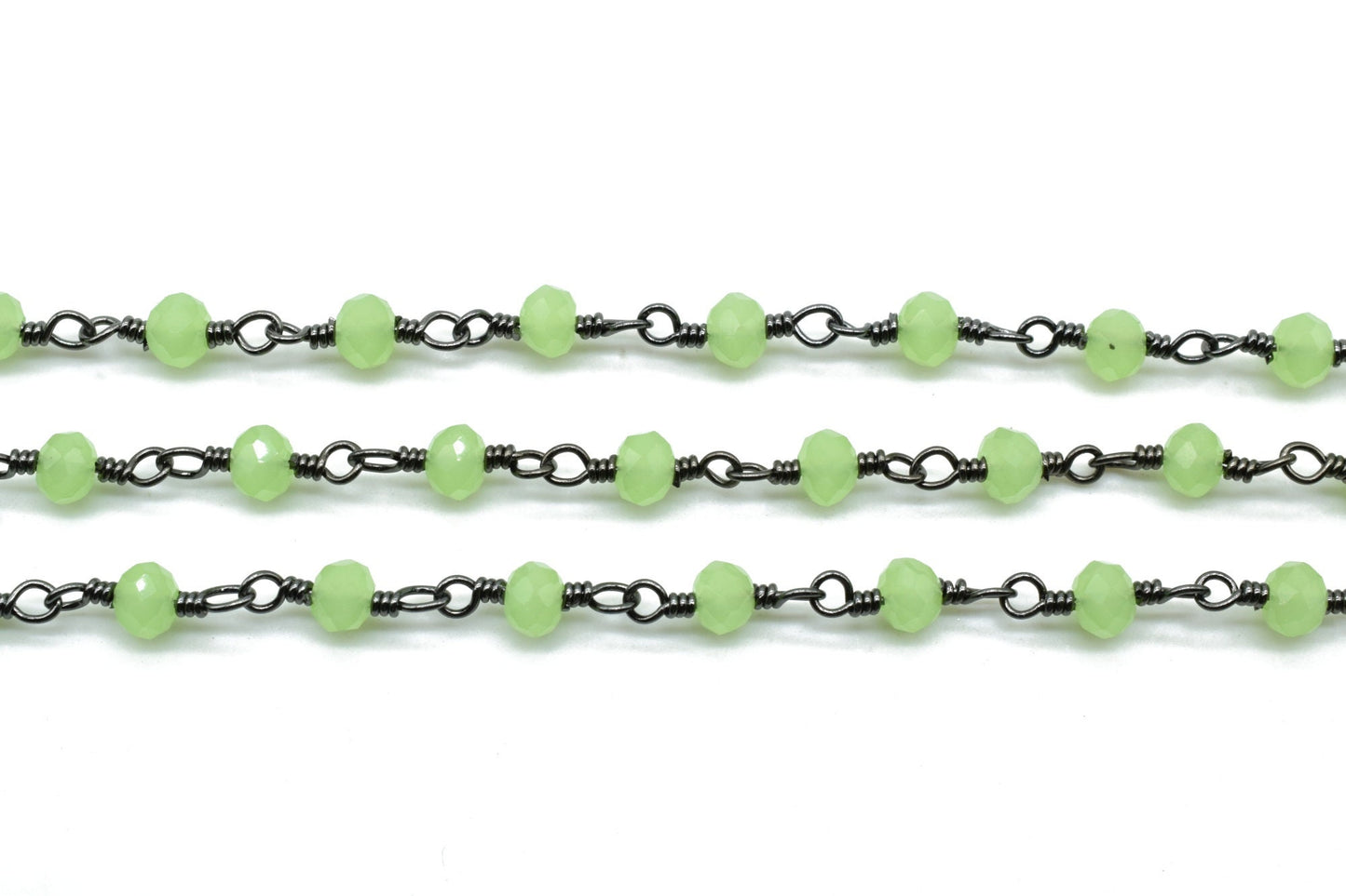 Prehnite Chalcedony 3mm Beaded Chain,Rosary Chain,Prehnite Chalcedony black rhodium Wire Wrap Chain,Brass chain Jewelry Making Chain,Rosary