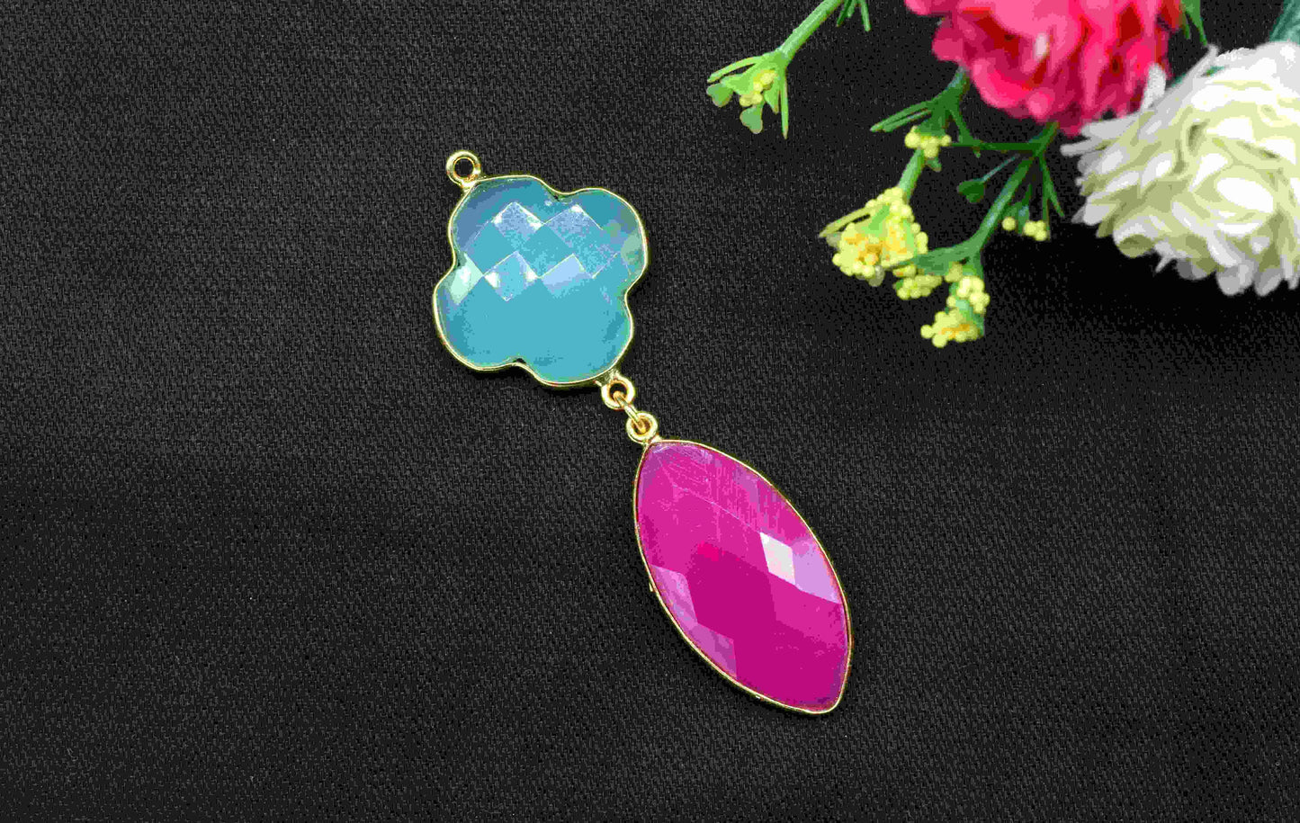Aqua Quartz  Component pendants,Multi Stone Dangle Earrings,Clover  Shape Pendant Jewelry,Dangle pendant Charms,pink Gemstone Connector,gift