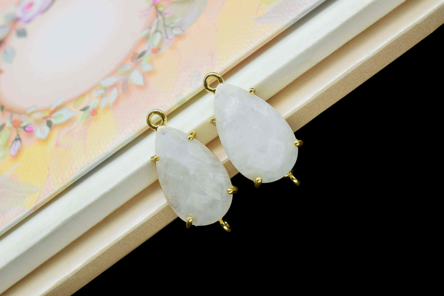 Rainbow Moonstone Connector,Moonstone jewelry meking,Teardrop Bezel,double bail connectors,Handmade Gemstone Bezel,Prong Set Bezel Pendant