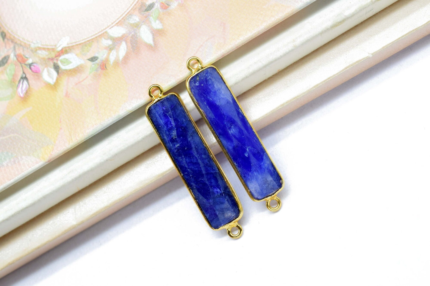 Blue sapphire 6x26mm Bezel Charm Pendant,Rectangle Shape Gold Plated bezel,Gold Vermeil Bezel, jewelry making charm,Gold-Filled bezel charm