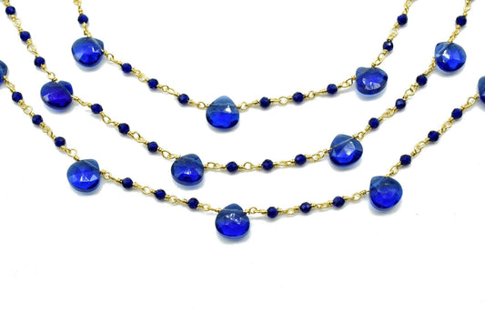 Blue Sapphire 2mm Beaded & Heart shape Chain,Wrapped Rosary Chain,Sapphire Briolette rosary chain,Brass Gold Plated Sold Per Foot Wholesale